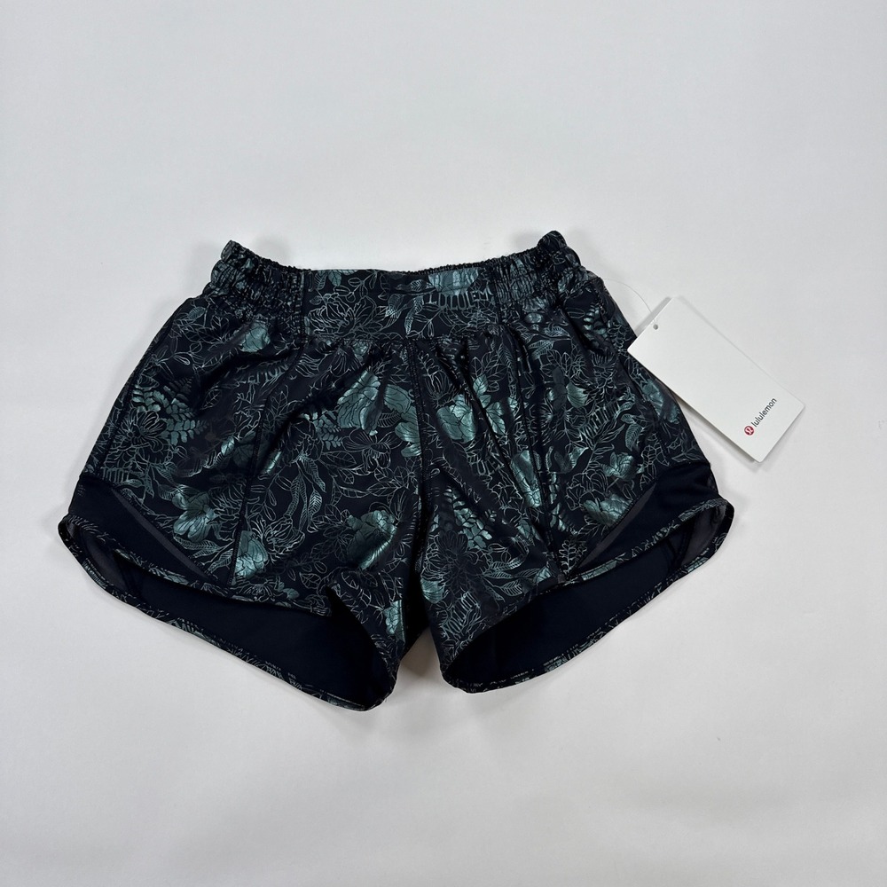 Lululemon Hotty Hot Shorts Womens 4 Black Teal Floral Lined Athletic Running LR‎